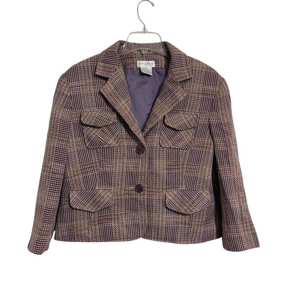 Worthington Plaid Tweed Cropped Blazer Size 14 Purple Beige Pockets Office Fall - Picture 1 of 11
